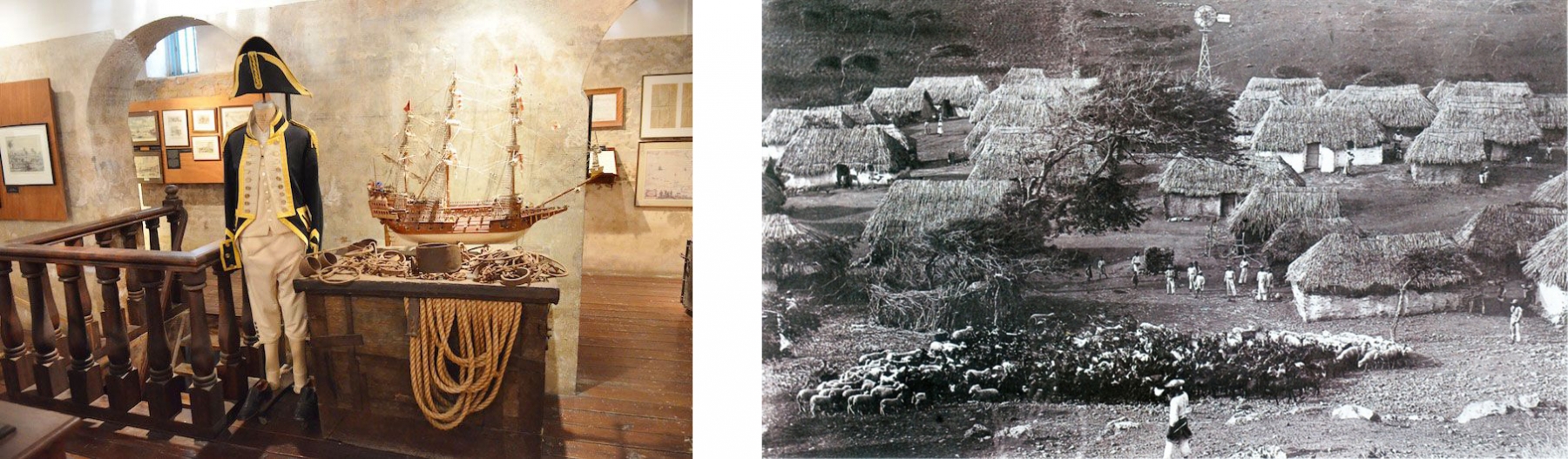 Left: photo by De Beijer, taken during his residency when he visited the Museum Kurá Hulanda, Curaçao.  Right: from the artist's research archive — a former plantation of Siberio Cafiero, Curaçao (1900-1904).
