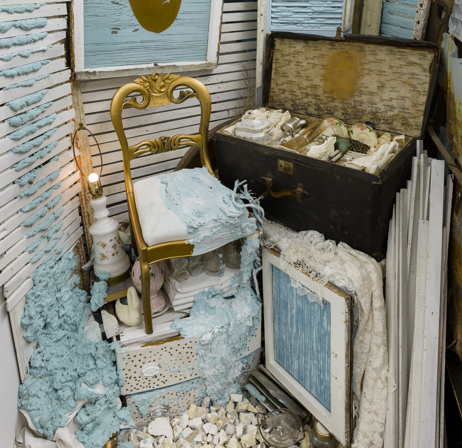 Detail, &amp;quot;Swan Song&amp;quot;, 2015, reclaimed lath, wood, marble, iron, paper, vintage furniture, dishware, figurines, natural debris, crushed reclaimed metal, light fixtures, vintage wedding dresses, bathtub, wallpaper, plaster, and paint.